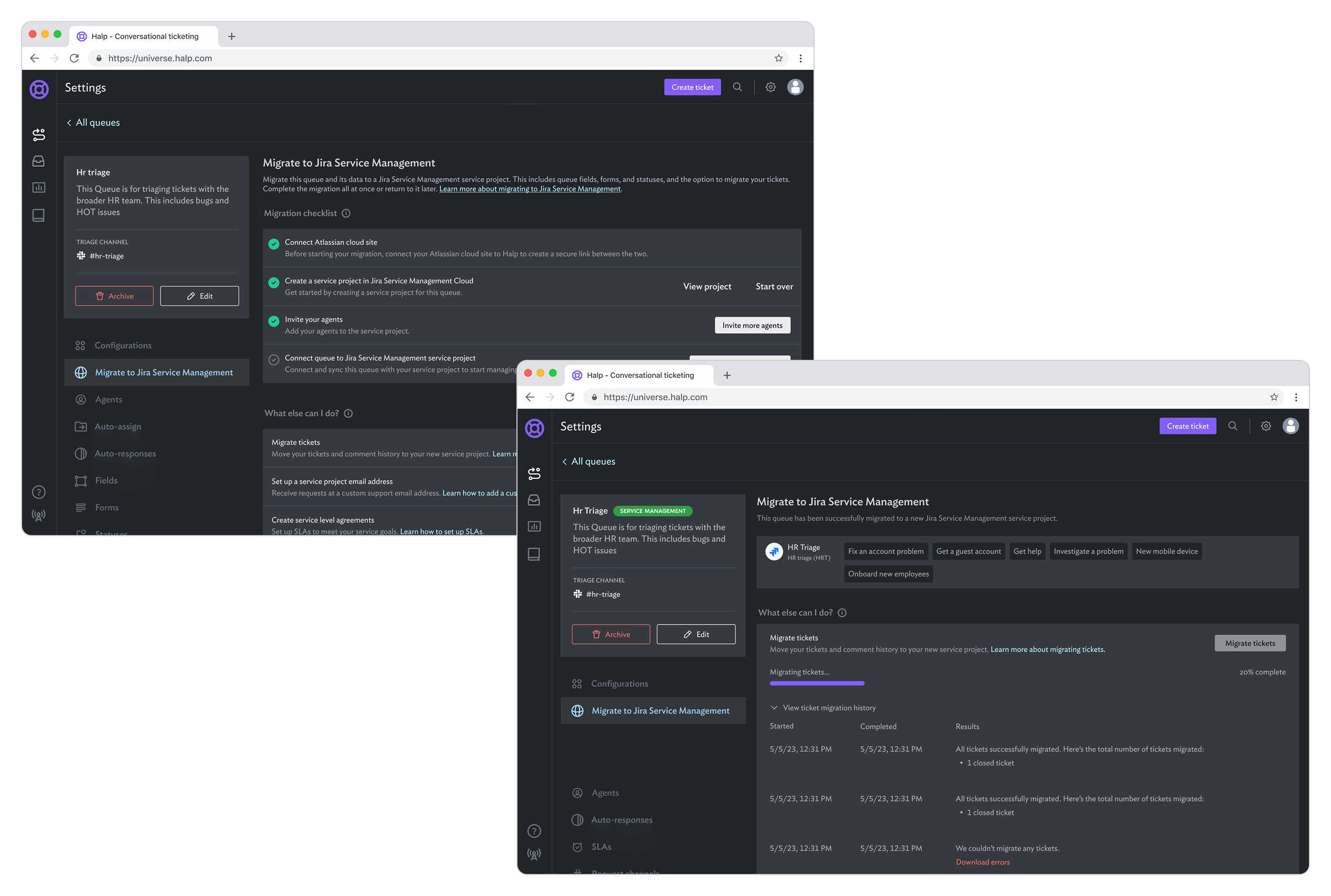 Screenshots of Halp settings interface showing the migration process of an HR triage queue to Jira Service Management with migration checklist and ticket migration history.