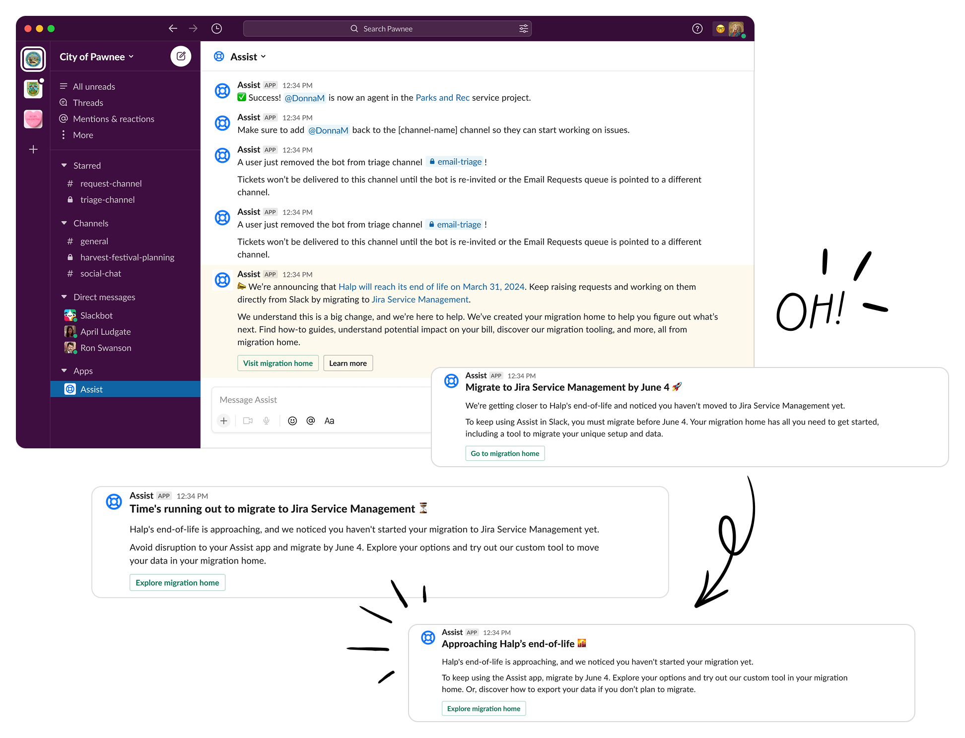 Slack app interface showing 'City of Pawnee' workspace with Assist app messages announcing migration from Halp to Jira Service Management by June 4.