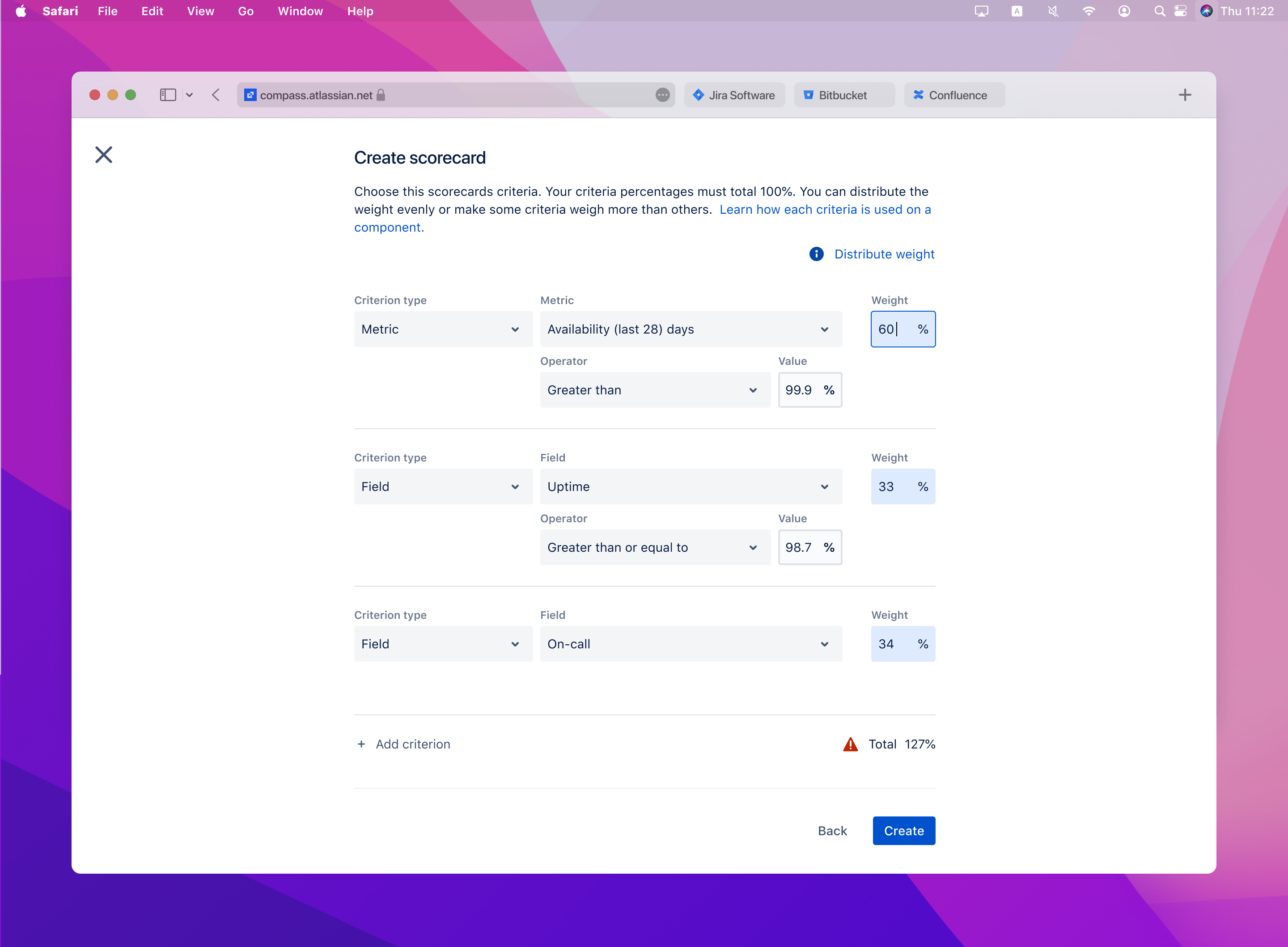 Web interface for creating a scorecard with criteria including availability over last 28 days weighted at 60%, uptime at 33%, and on-call at 34%, showing total weight of 127%.