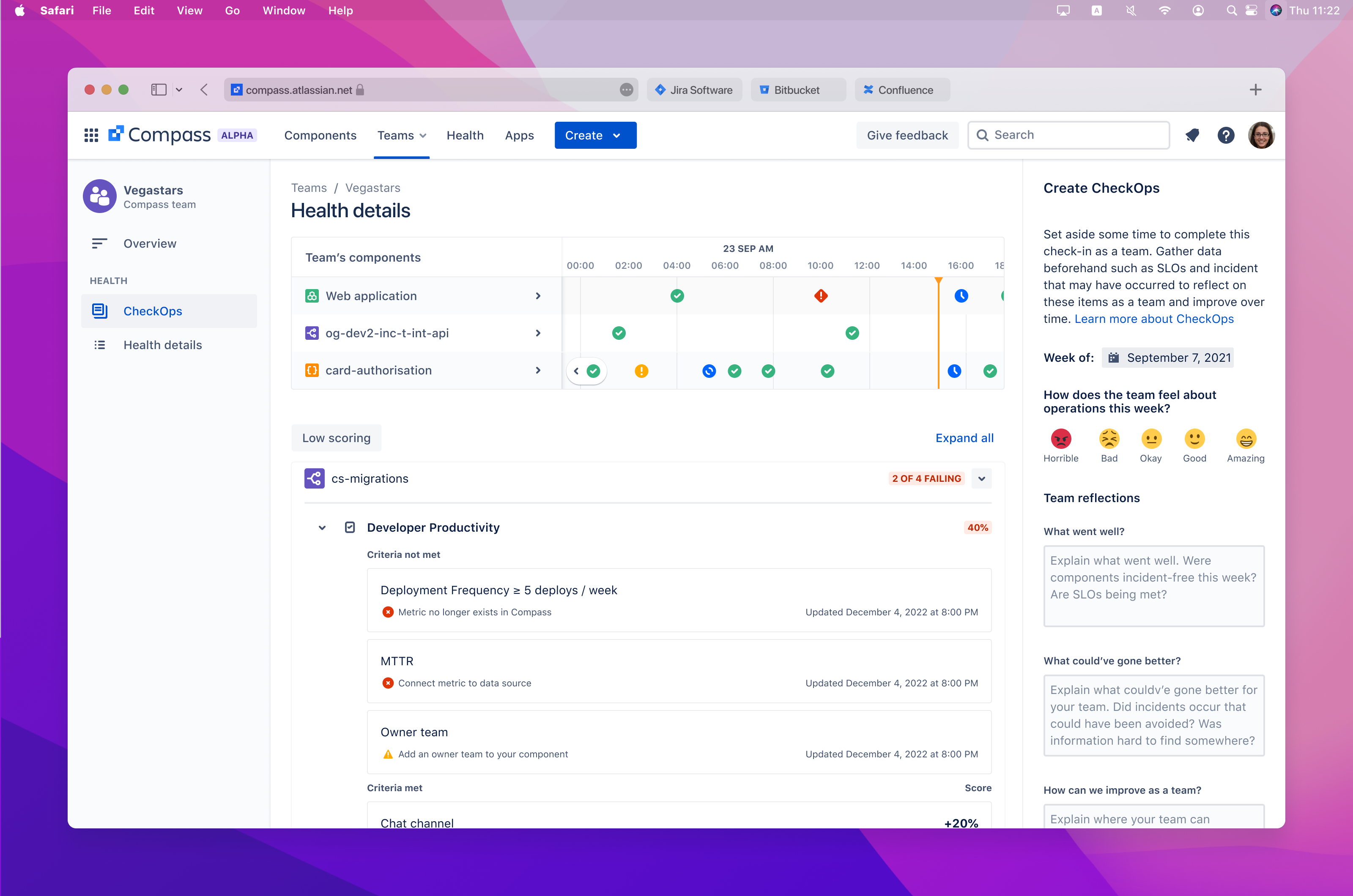 Compass software interface showing team health details including components status, low scoring metrics, and a section for team reflections on operations for the week of September 7, 2021.