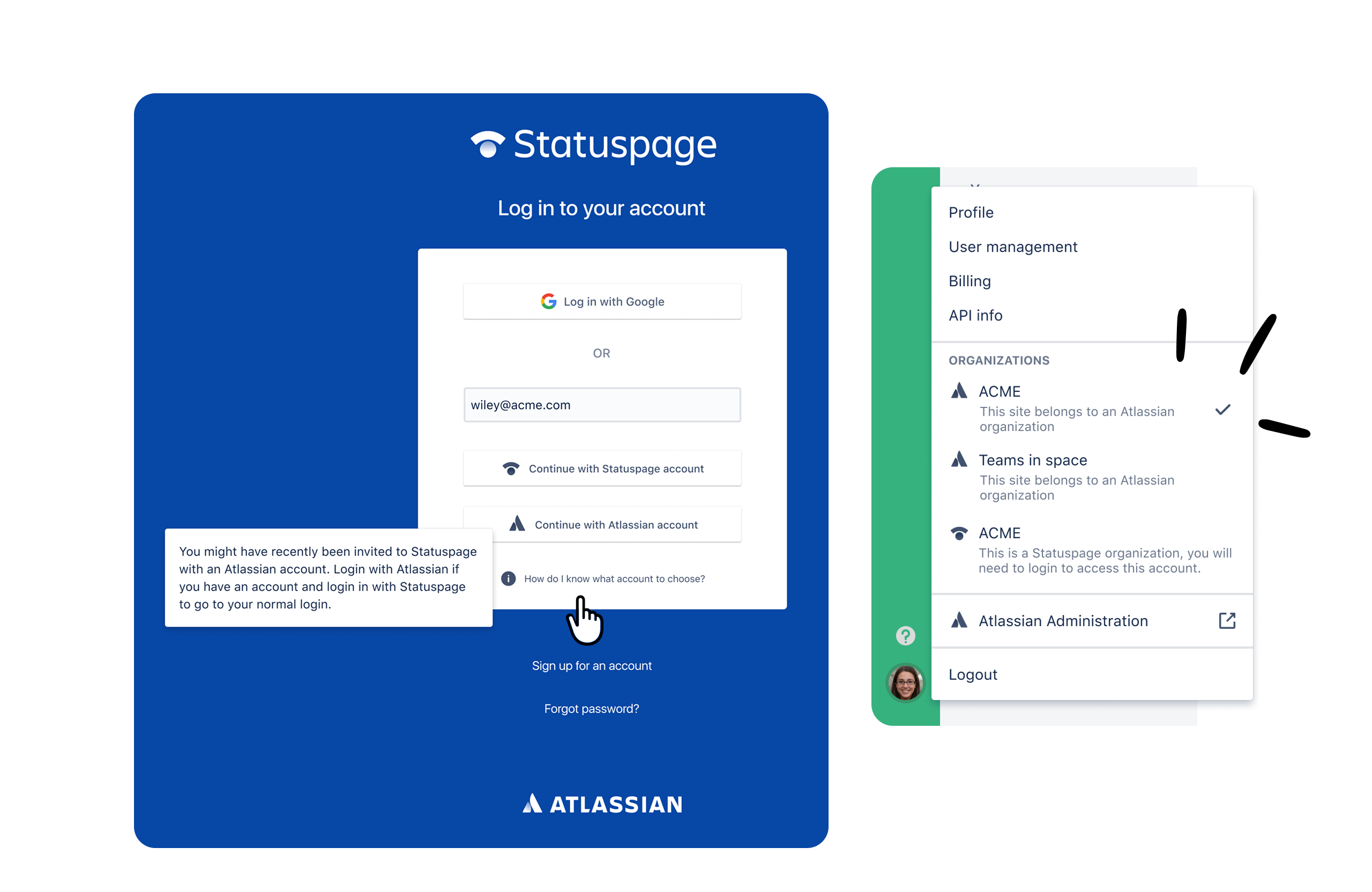 Statuspage login screen with options to log in using Google, Statuspage account, or Atlassian account, alongside an account selection menu highlighting organizations including ACME and Teams in space.