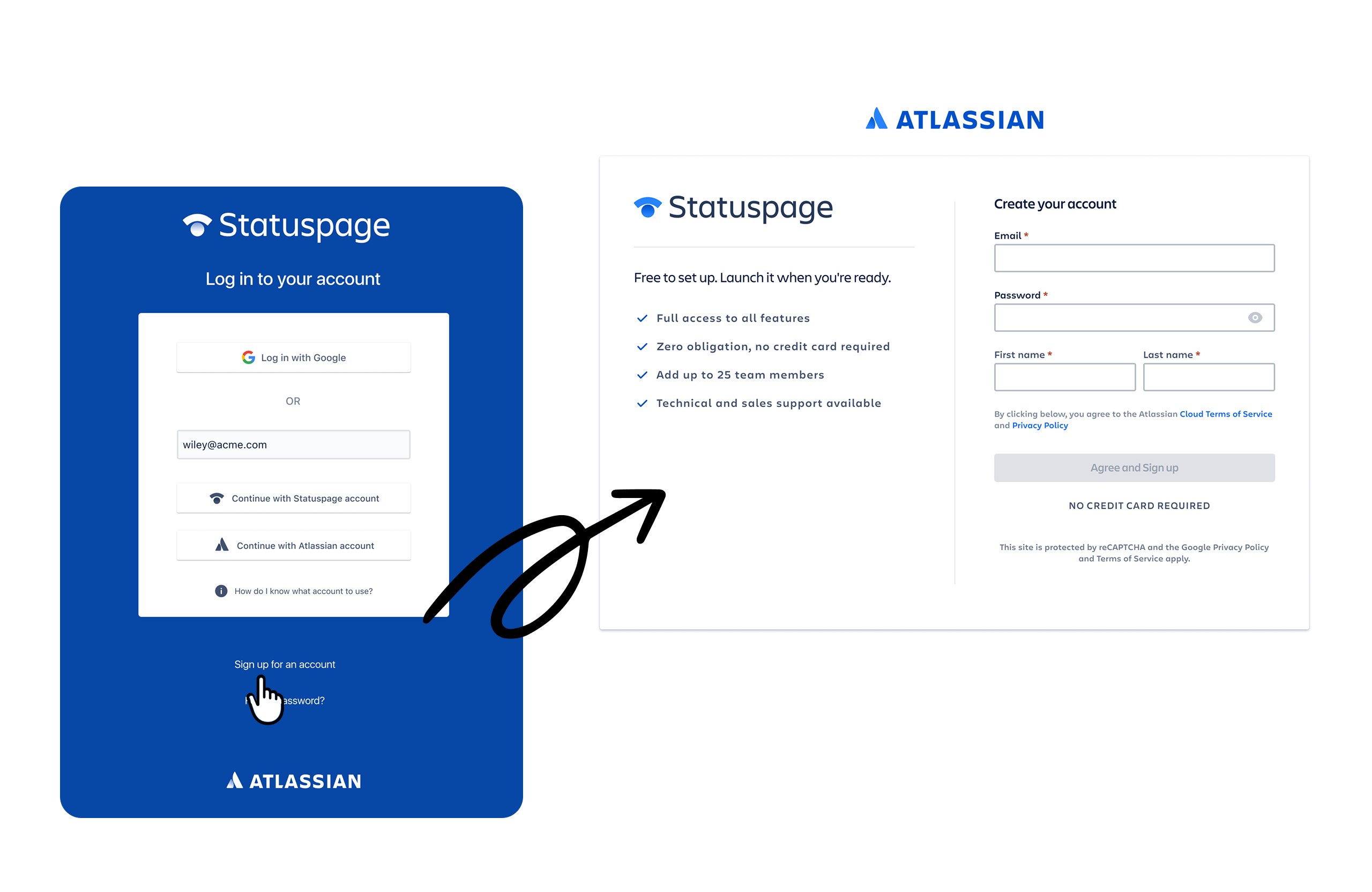 Statuspage login screen with options to log in via Google, Statuspage, or Atlassian account, alongside a signup form showing benefits like no credit card required.