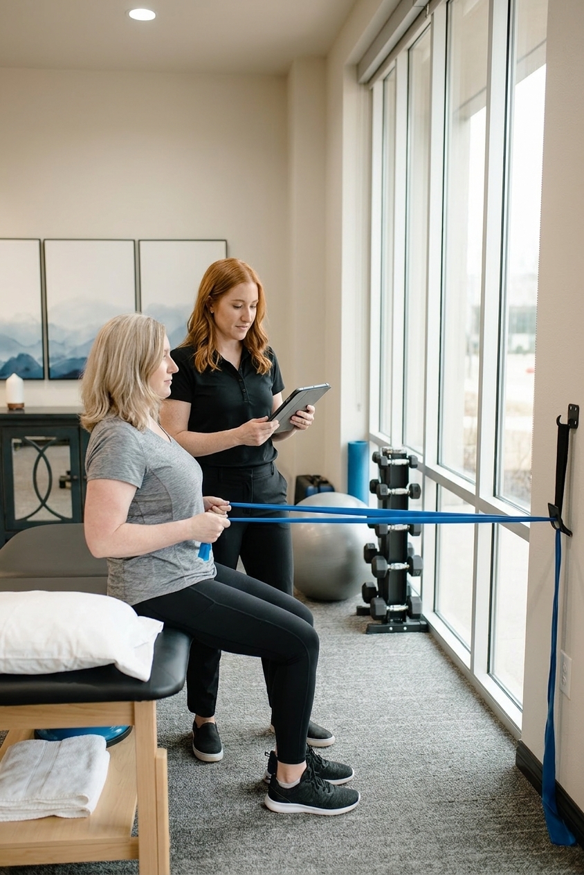  Patient working with a provider at a physical therapy clinic in Weatherford, TX during a one-on-one therapeutic exercise session