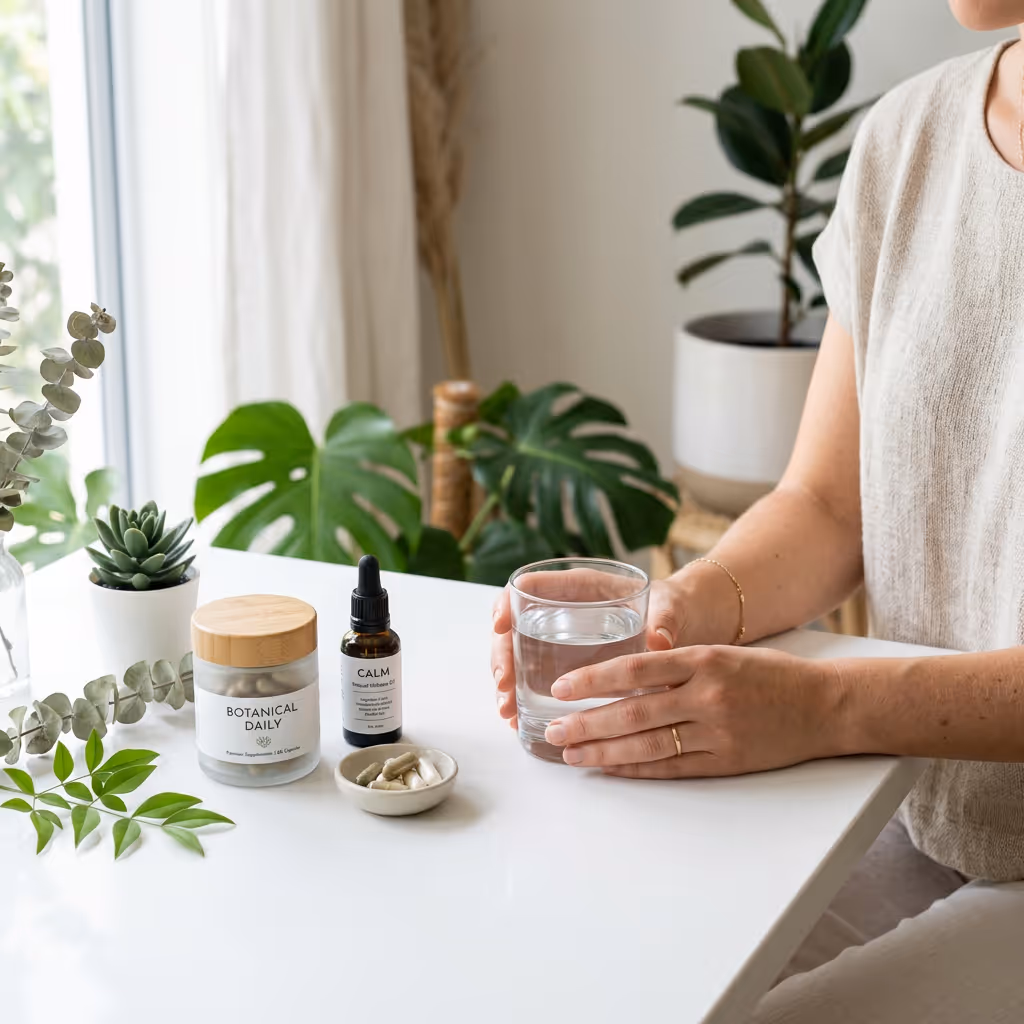 Person holding a glass of water near daily botanical supplements and calm tincture on a white table.