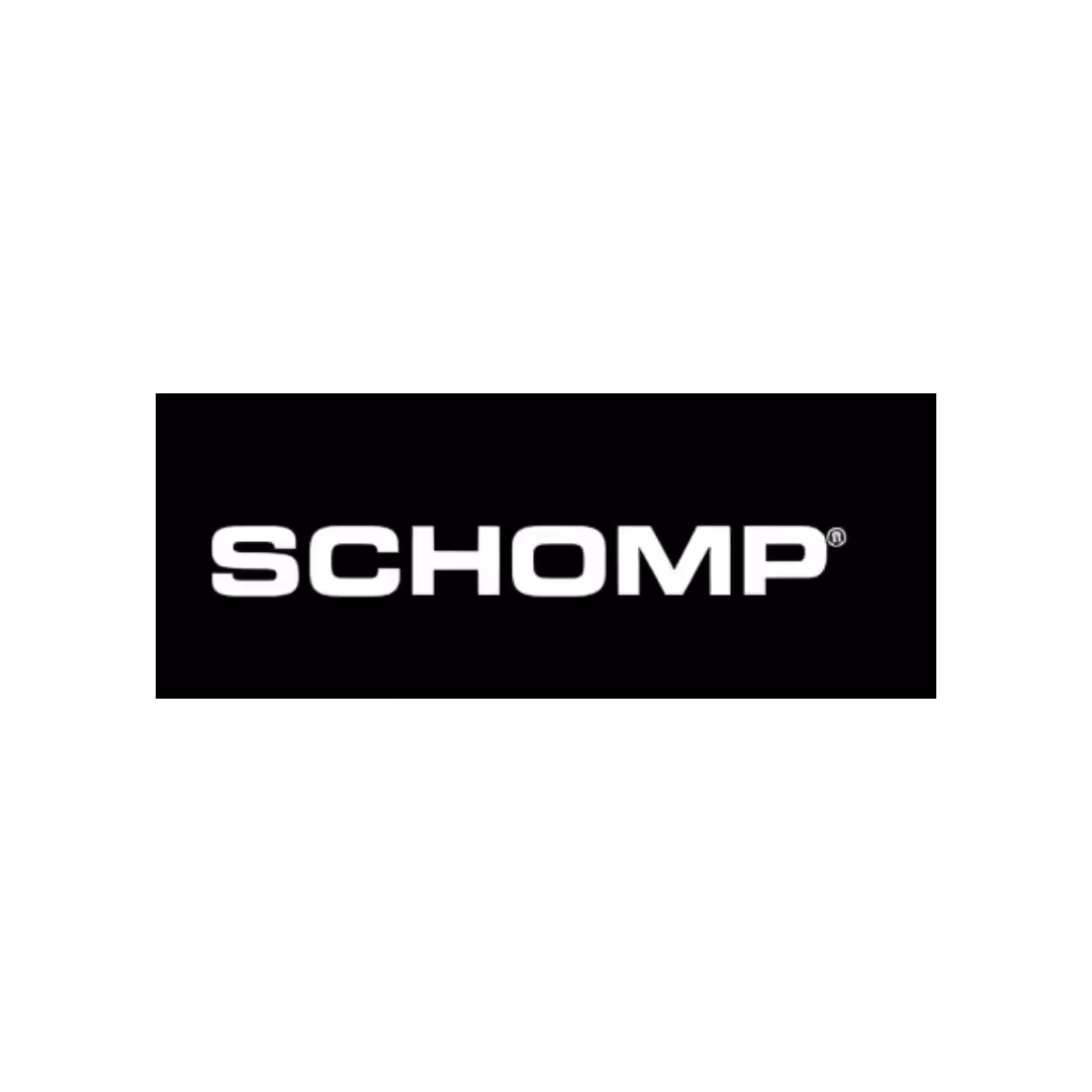 White uppercase text reading SCHOMP on black background.