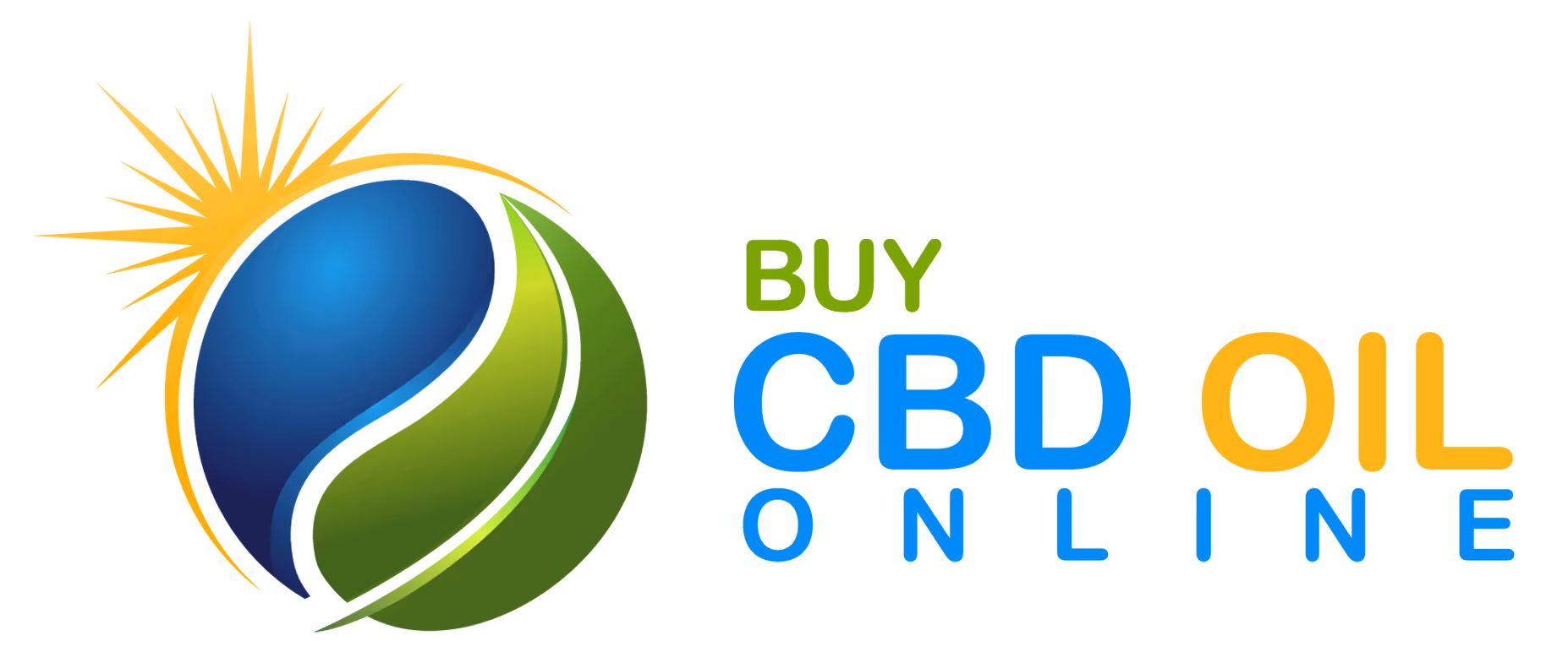 Blue and green globe with a yellow sunburst, text 'Hemp Oil' in blue and green next to it.