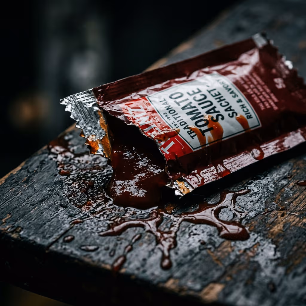 Torn ketchup packet spilling tomato sauce on a dark wooden surface.