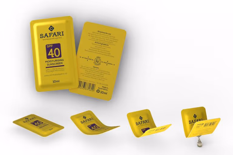 Multiple yellow Safari SPF 40 moisturizing sunscreen sachets arranged on white background.