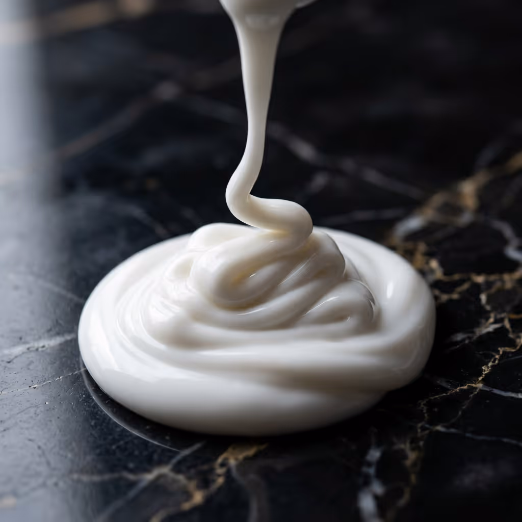 White cream or lotion being poured and forming a swirl on a black marble surface.