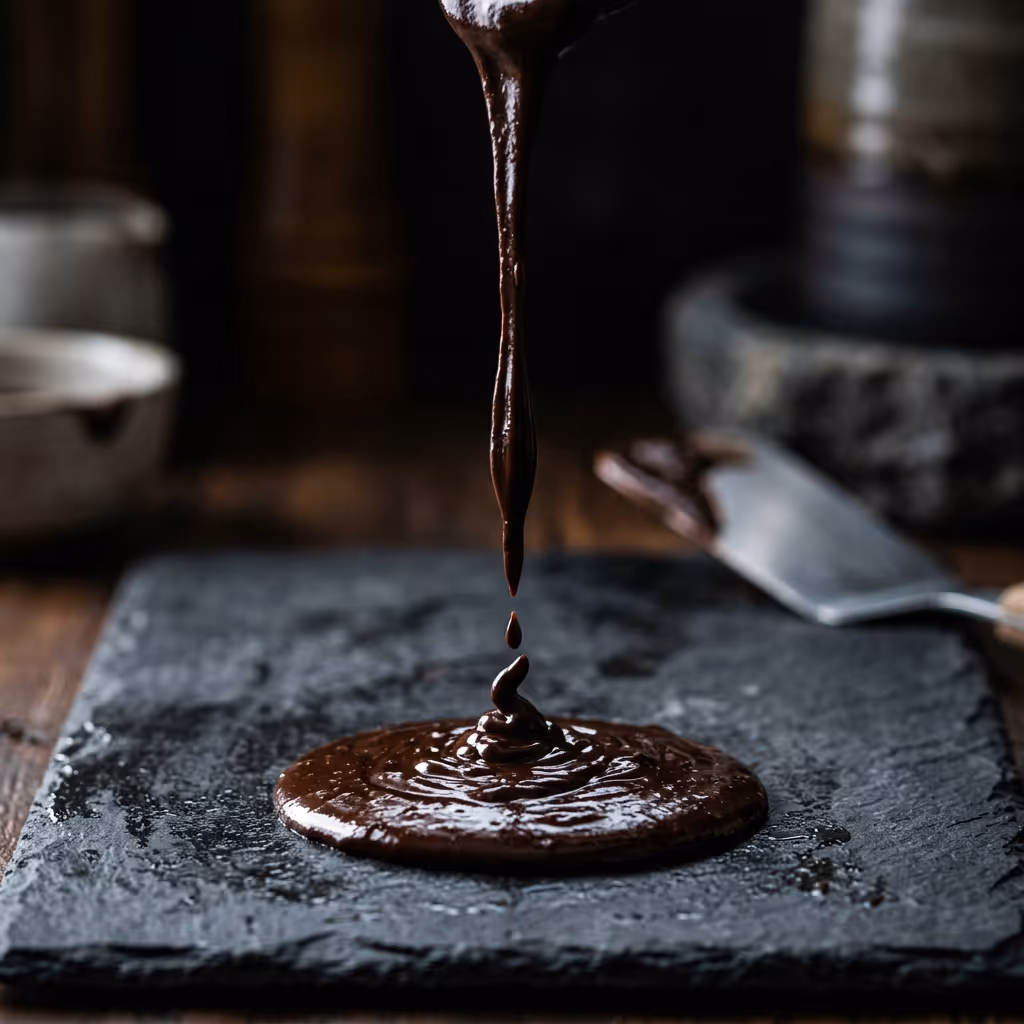 Thick chocolate batter dripping onto a dark slate surface with a spatula in the background.