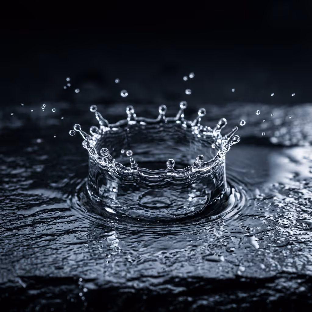 Close-up of a water droplet splash forming a crown shape on a dark surface.