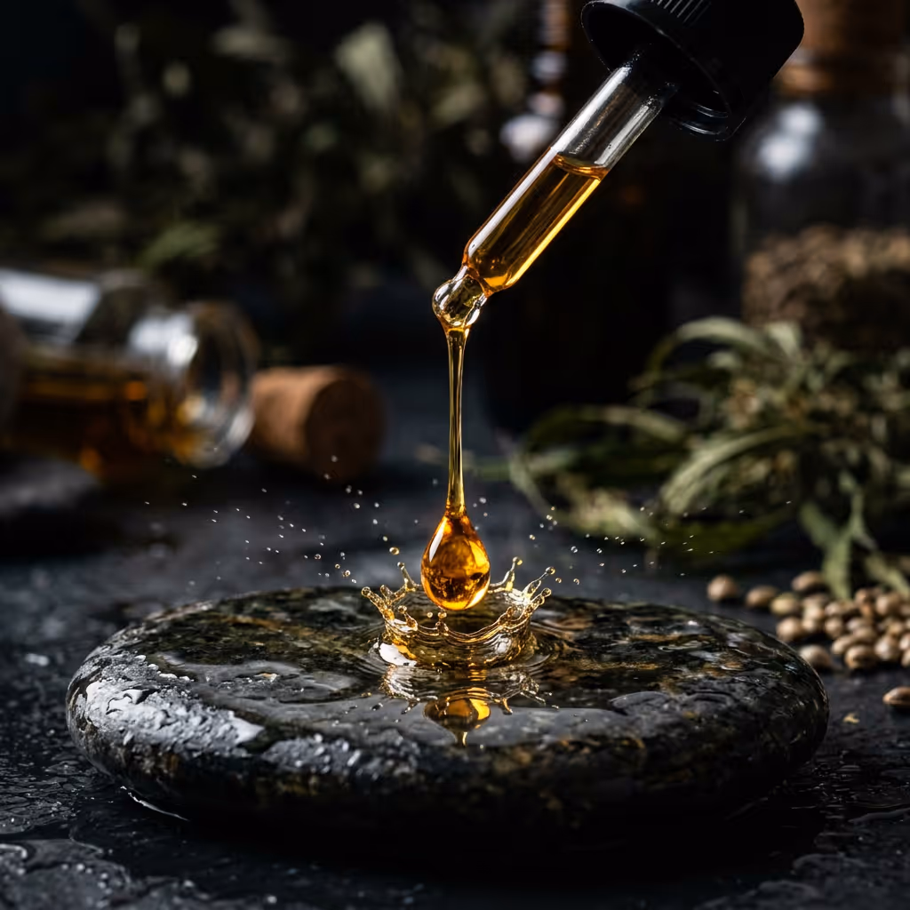 Dropper releasing golden oil onto a wet black stone with herbs and seeds blurred in background.