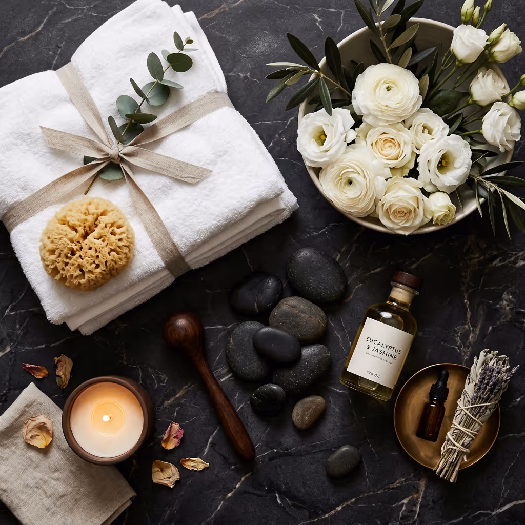 Spa setup with white towels, sea sponge, eucalyptus & jasmine oil, white flowers, stones, candle, and lavender bundle.