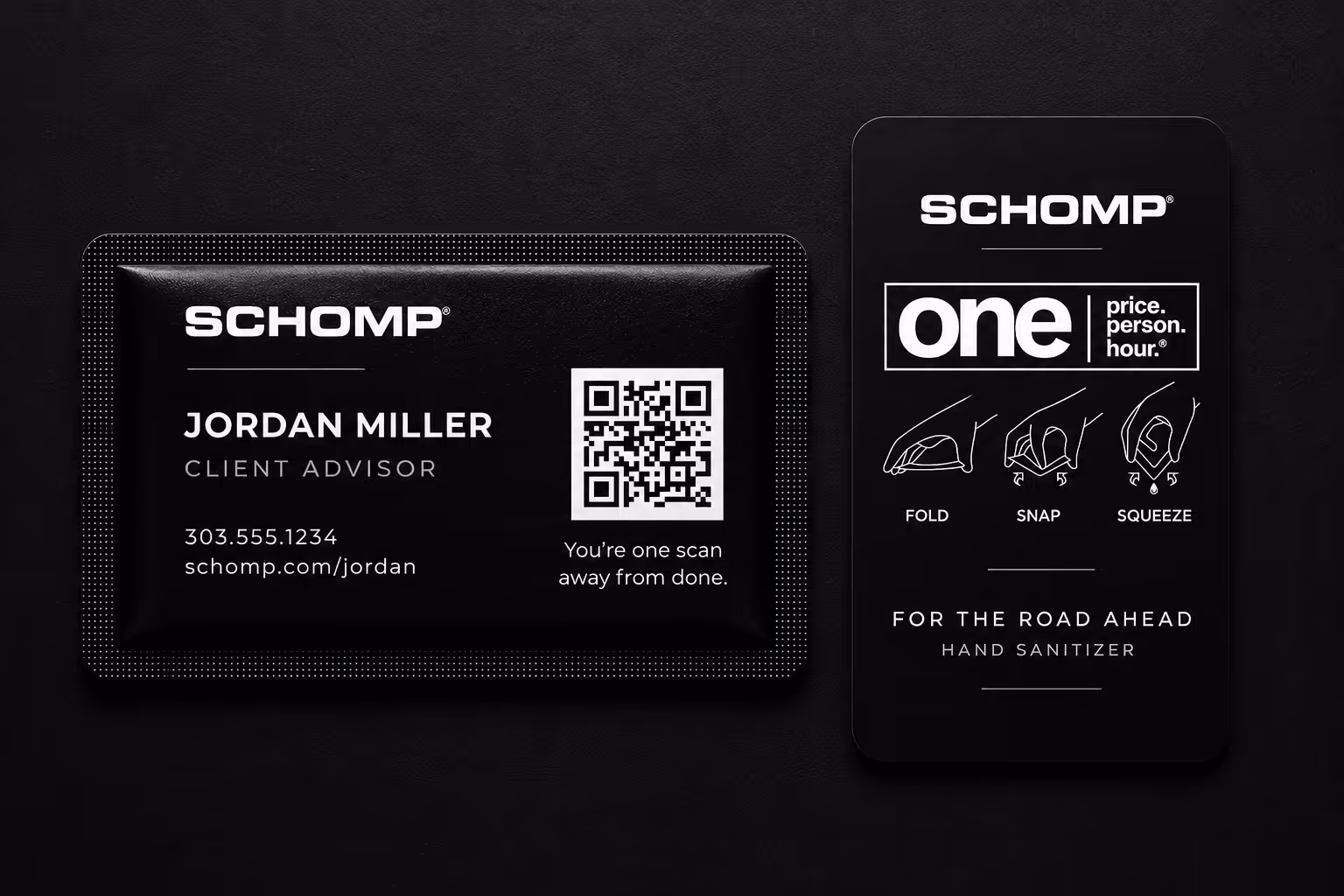 Two black SCHOMP branded cards: one with contact info and QR code, the other with hand sanitizer use steps.