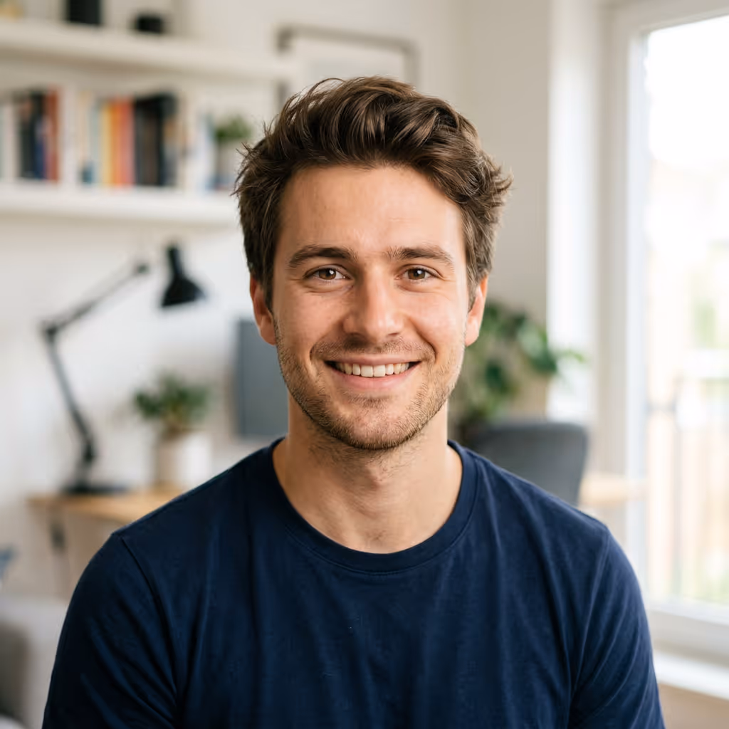 Smiling young man with brown hair wearing a dark blue shirt in a bright home office.
