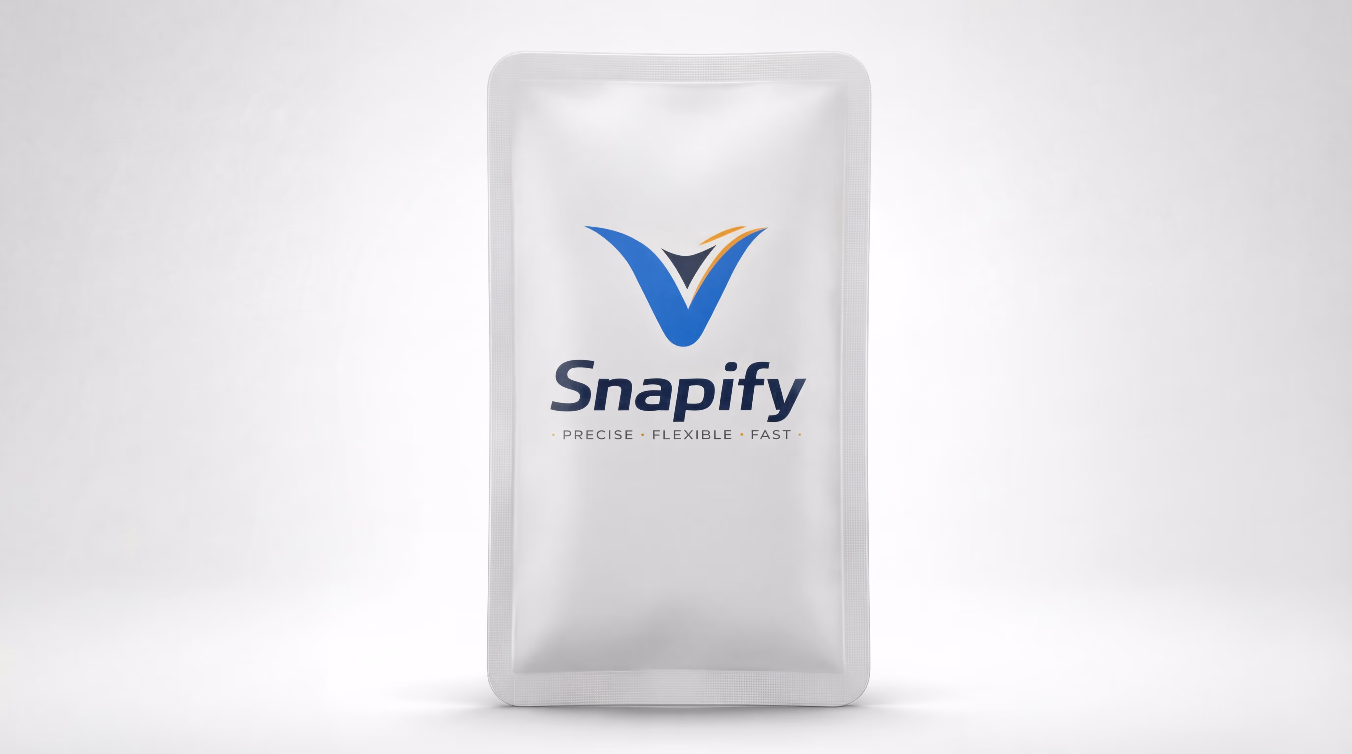 White Snapify sachet with blue and orange logo and text: Precise, Flexible, Fast.