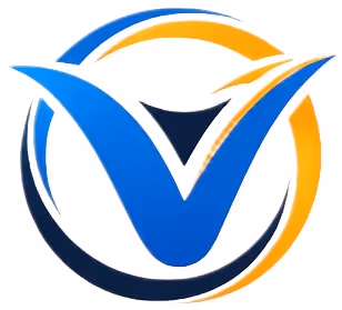 Stylized V-shaped logo with blue and orange curved elements forming a circular design.
