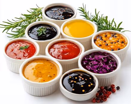 Nine bowls of various colorful sauces and garnishes arranged in a circular pattern with herbs and peppercorns.