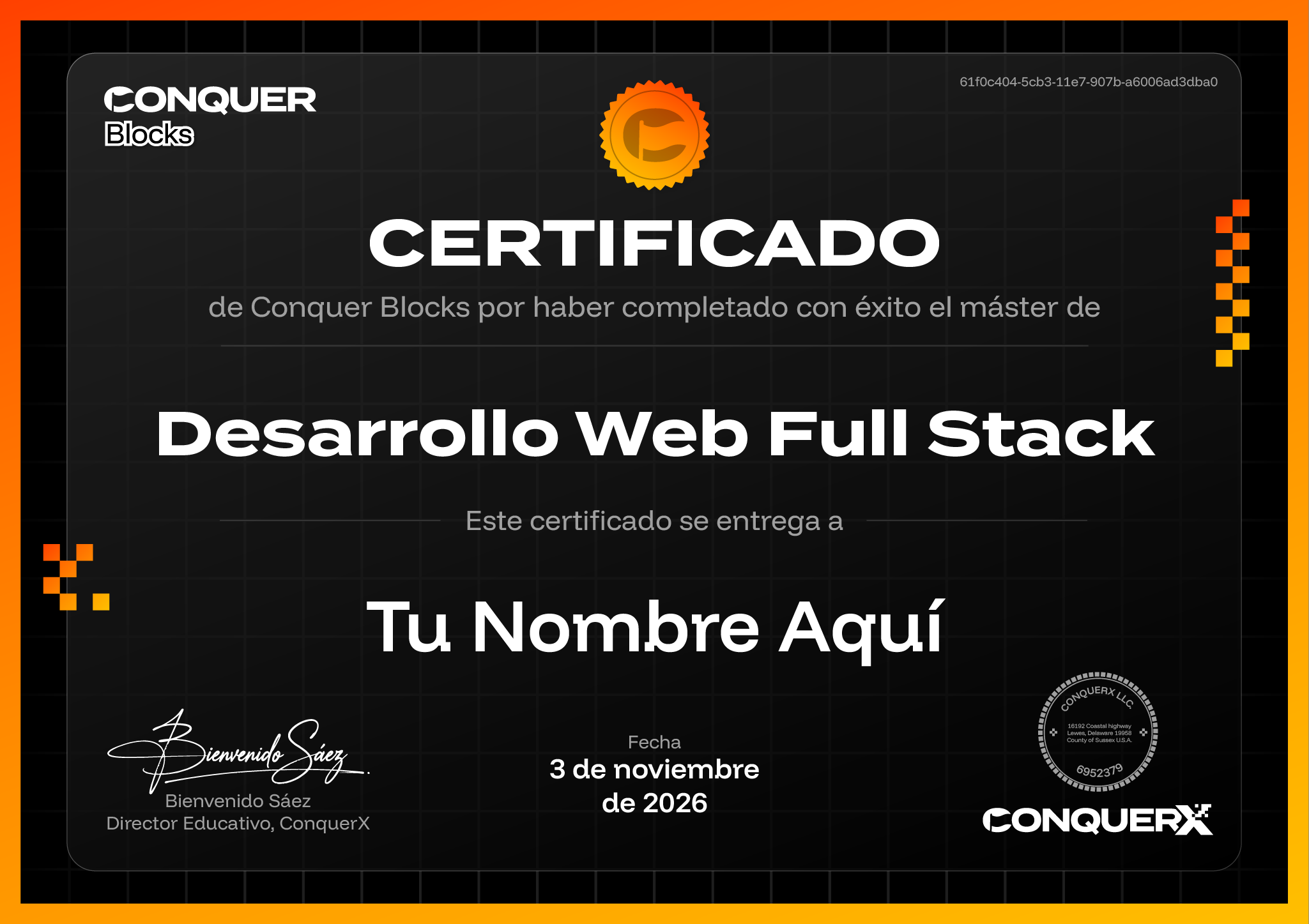 Imágen de certificado Conquer Blocks de Desarrollo Web Full Stack