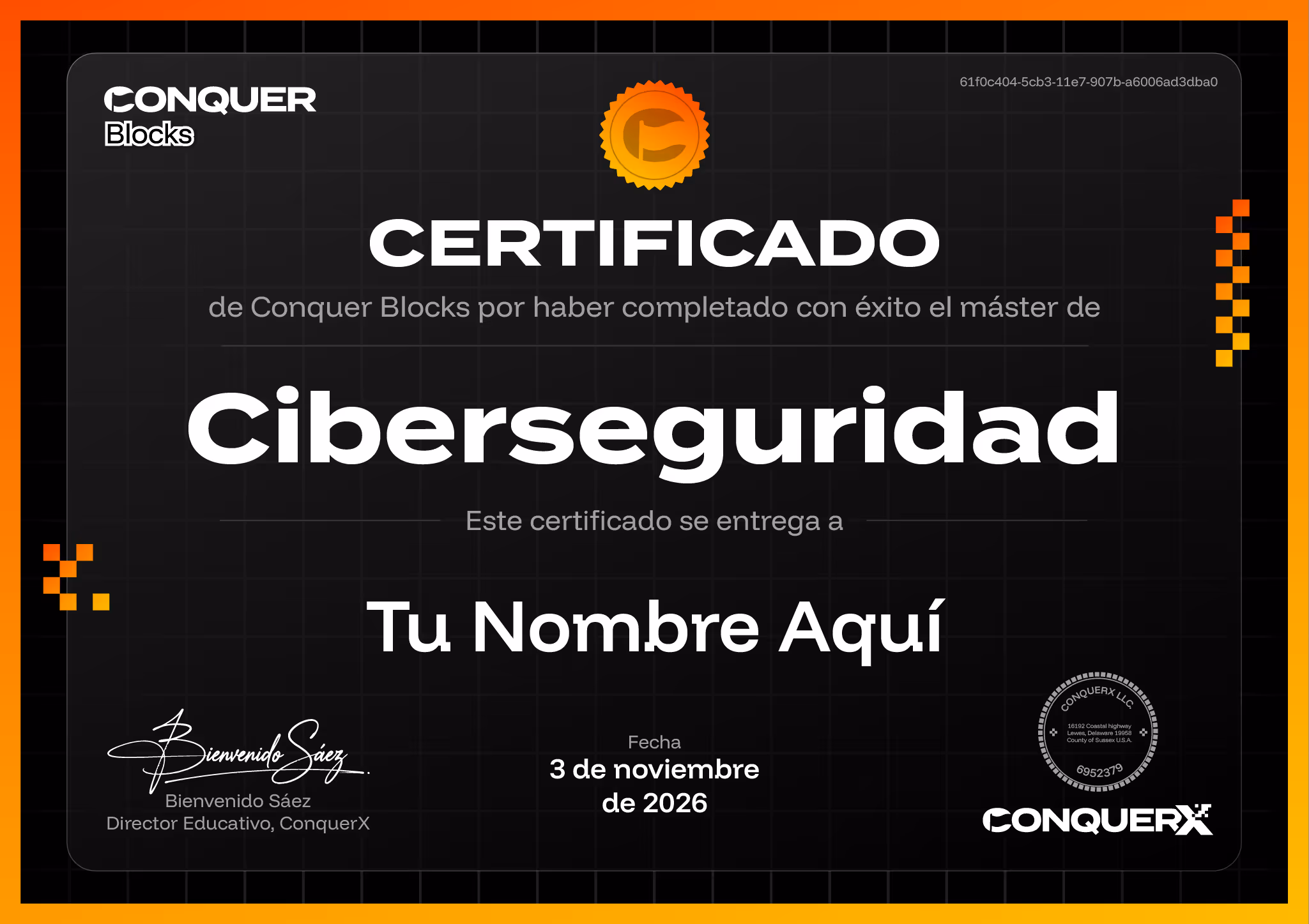 Imágen de certificado Conquer Blocks de Ciberseguridad