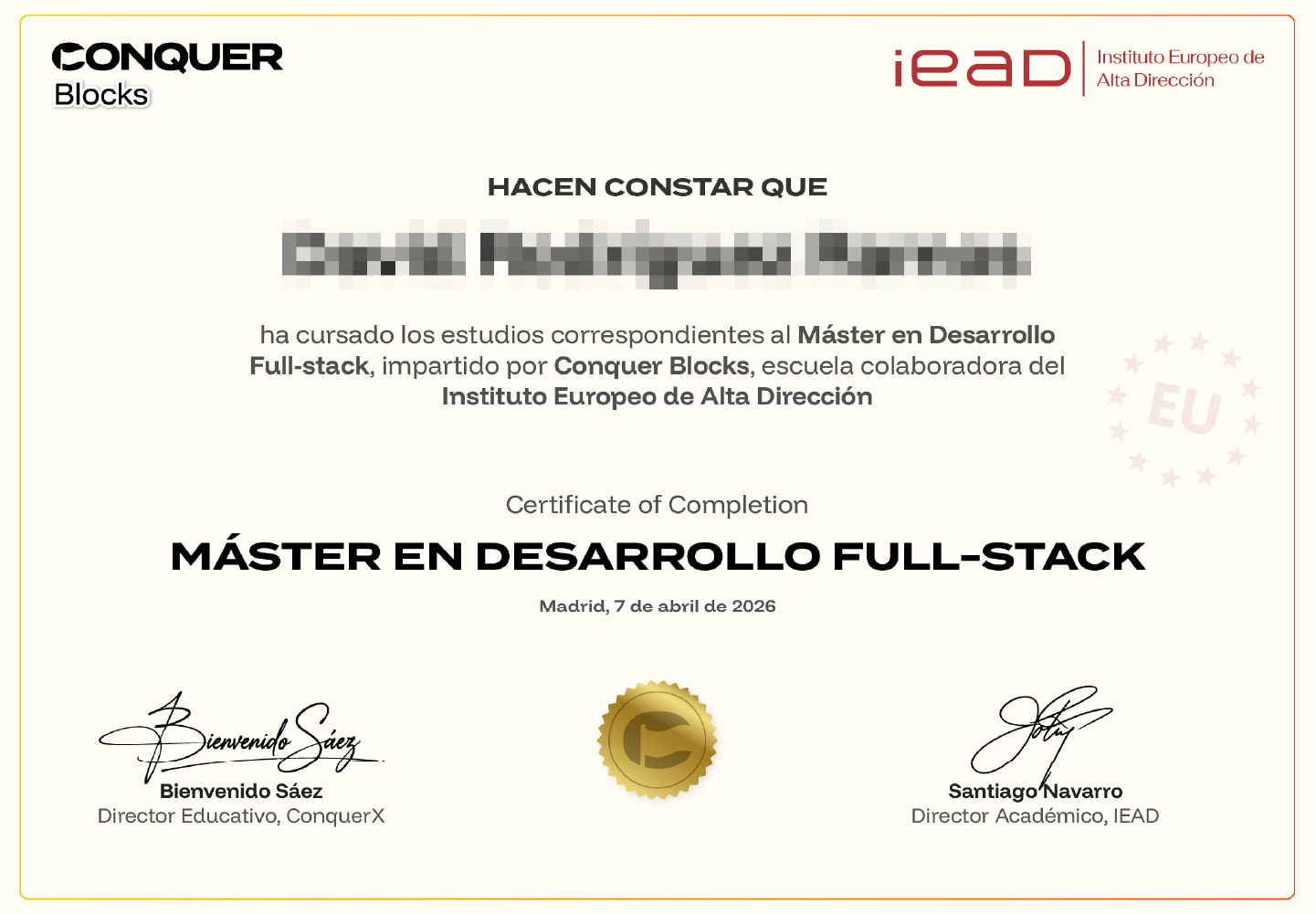 Certificado Conjunto de Conquer Blocks y del IEAD