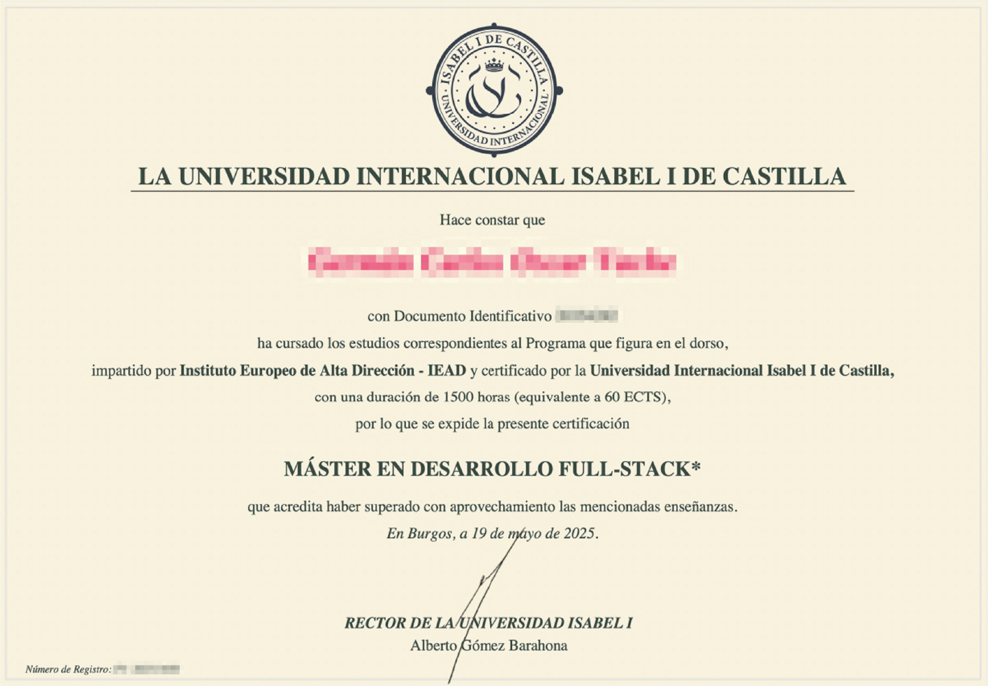 Certificado de la Universidad Internacional Isabel I de Castilla