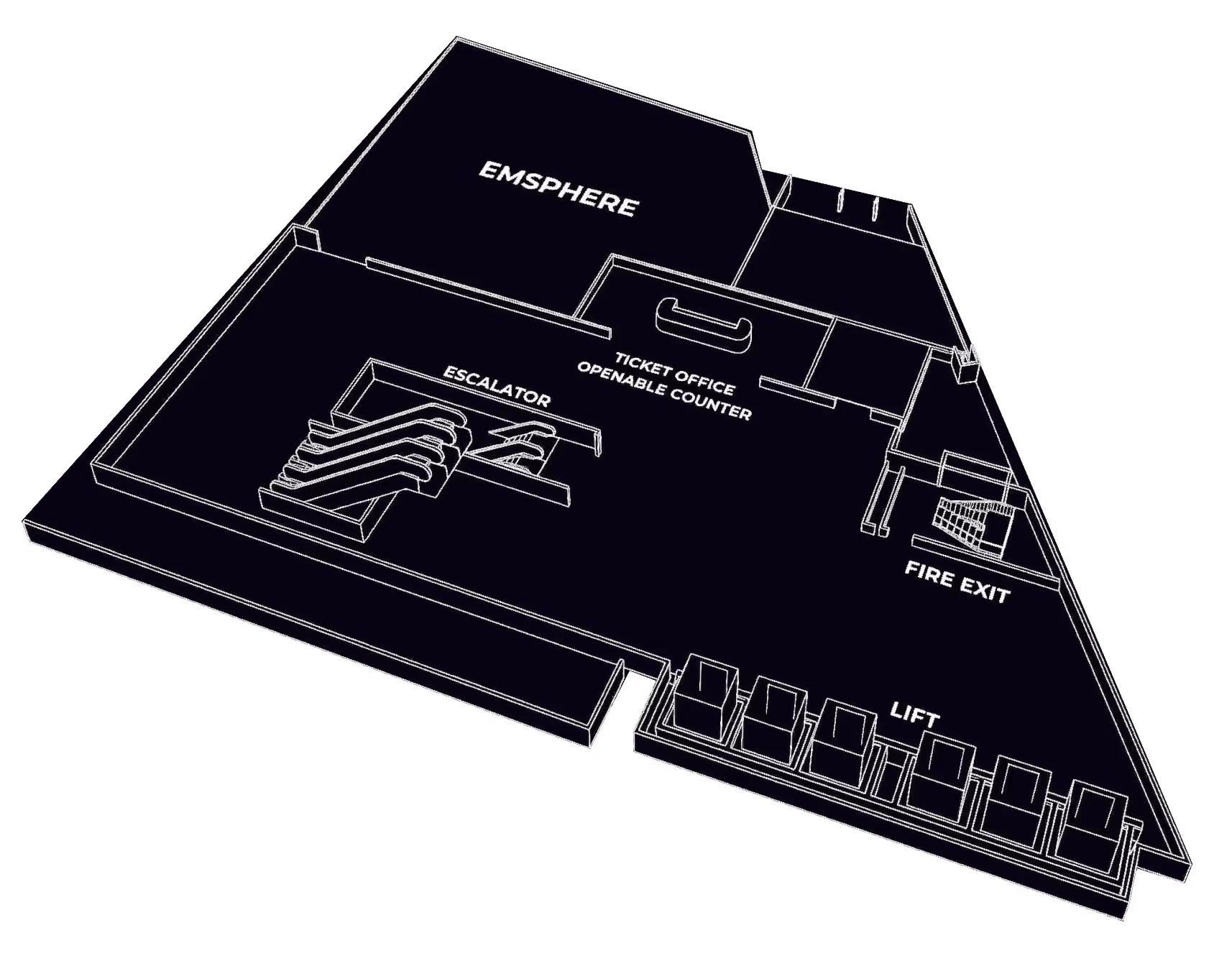 UOB LIVE floor 5 blueprint. 3D floor plan showing an EMSPHERE room, ticket office with openable counter, escalators, fire exit, and a row of lifts.