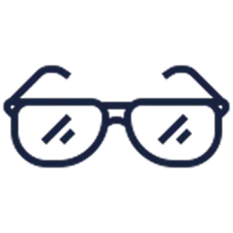 Icon of eyeglasses with rectangular frames and glare reflections on lenses.