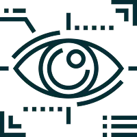 Graphic of an eye with surrounding digital interface lines representing biometric eye scan technology.