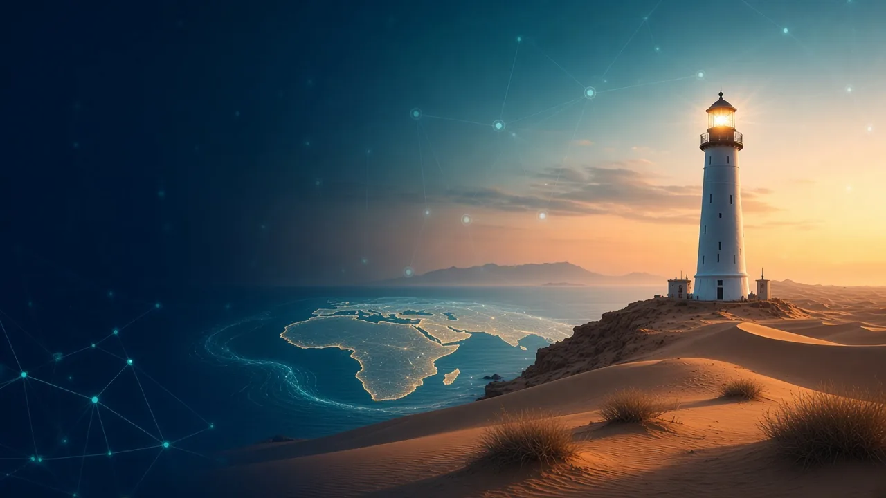 Lighthouse on Gulf sand dunes at dusk, with a glowing map of the Middle East and Africa across the sea