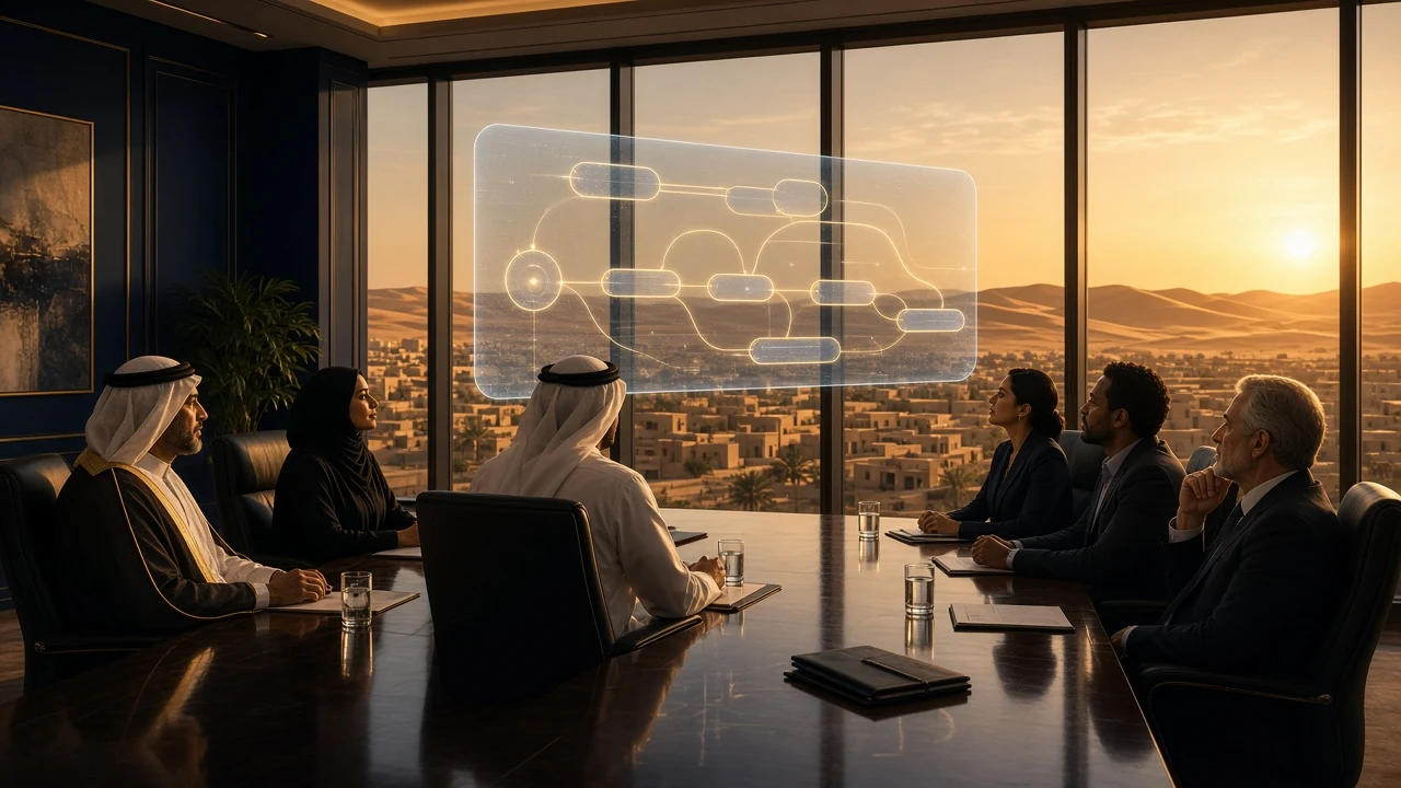 Executive team in a boardroom at golden hour reviewing a glowing strategy roadmap, desert city beyond