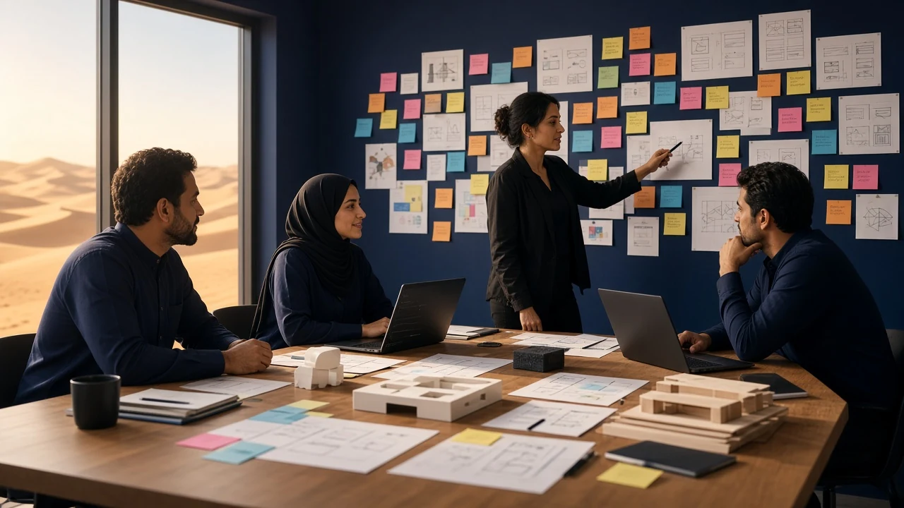 Innovation team running a design sprint in front of a wall of sticky notes, with dunes outside