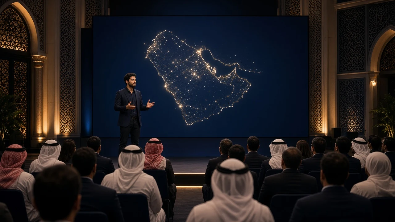 Founder pitching to investors and government partners at a demo day, with a glowing GCC map behind