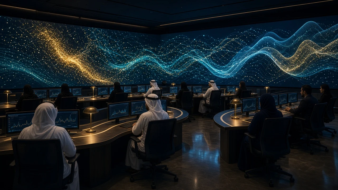 Analysts at a data and AI operations floor facing a wall of glowing data visualisations