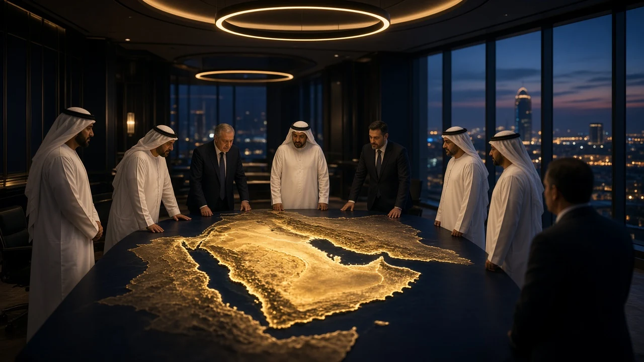 Gulf officials and advisers around an illuminated map table of the Arabian Peninsula