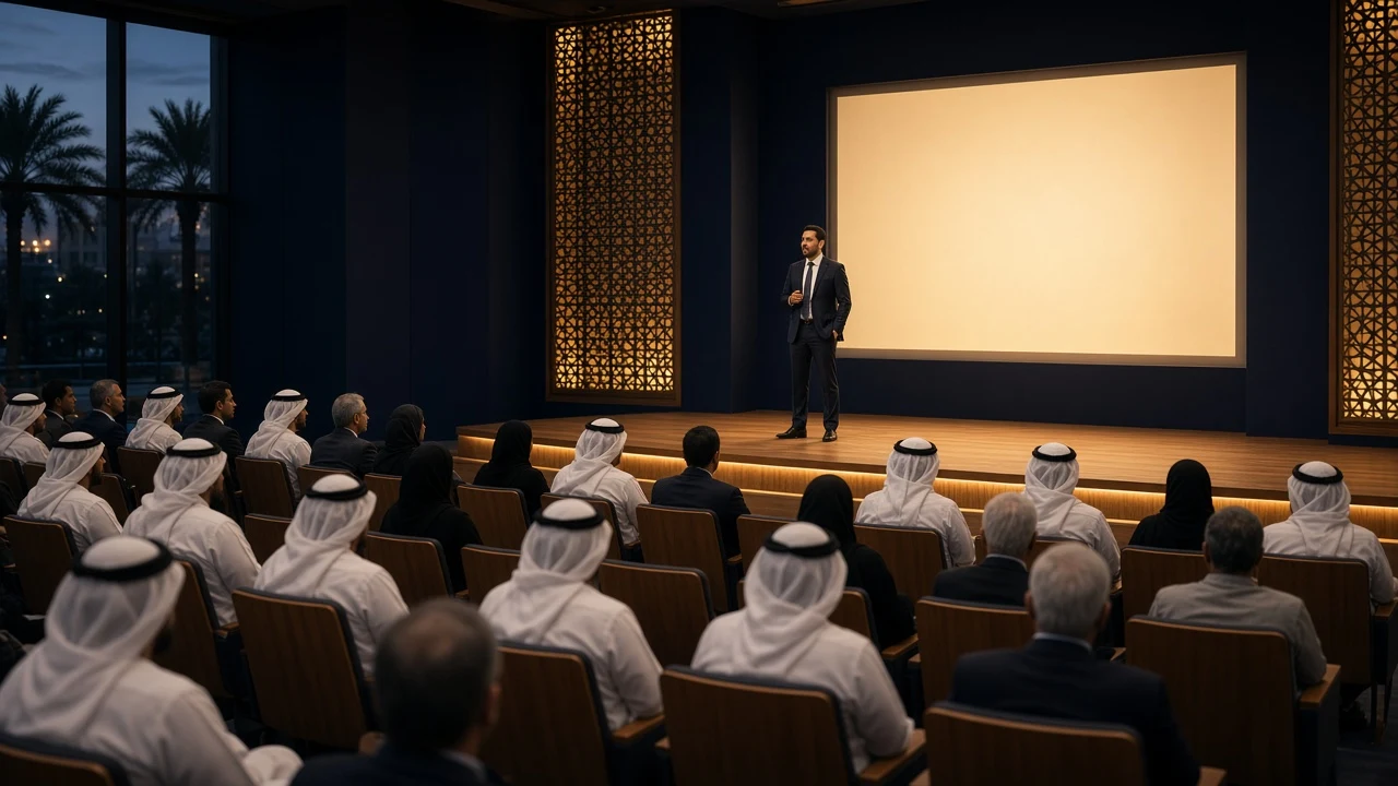 Presenter addressing Gulf executives in a leadership academy auditorium at dusk