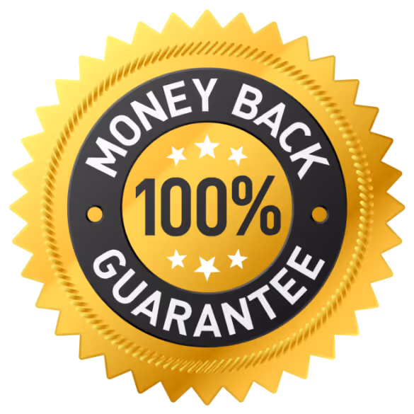 Gold seal with black center displaying 100% money back guarantee text and five stars.