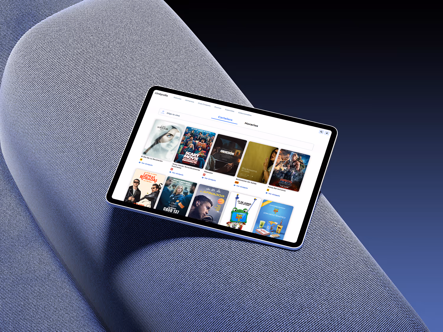A mockup for the cinepolis website home interfaces for the tablet breakpoint