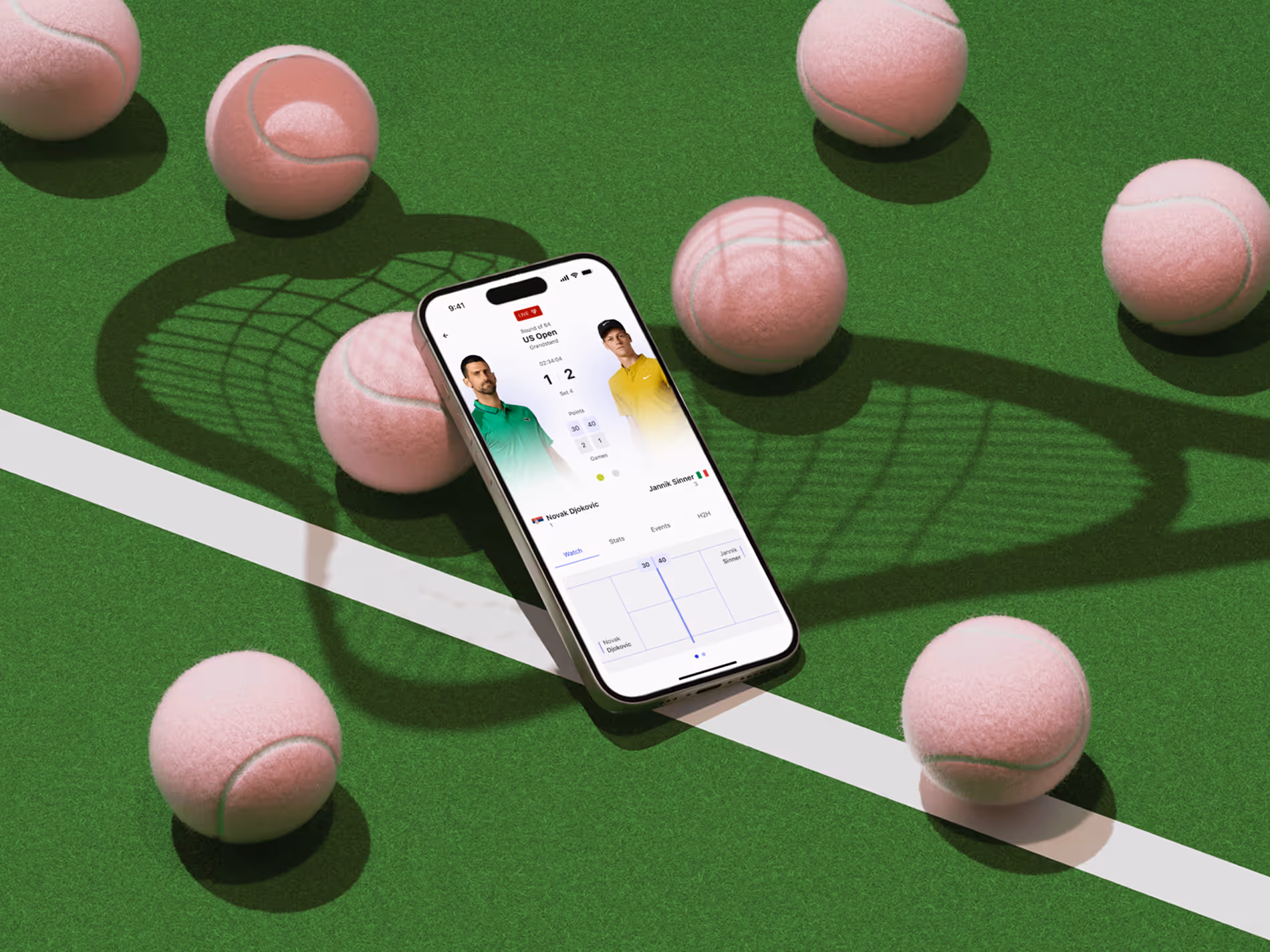 A mockup for the tennis app presenting the match interface