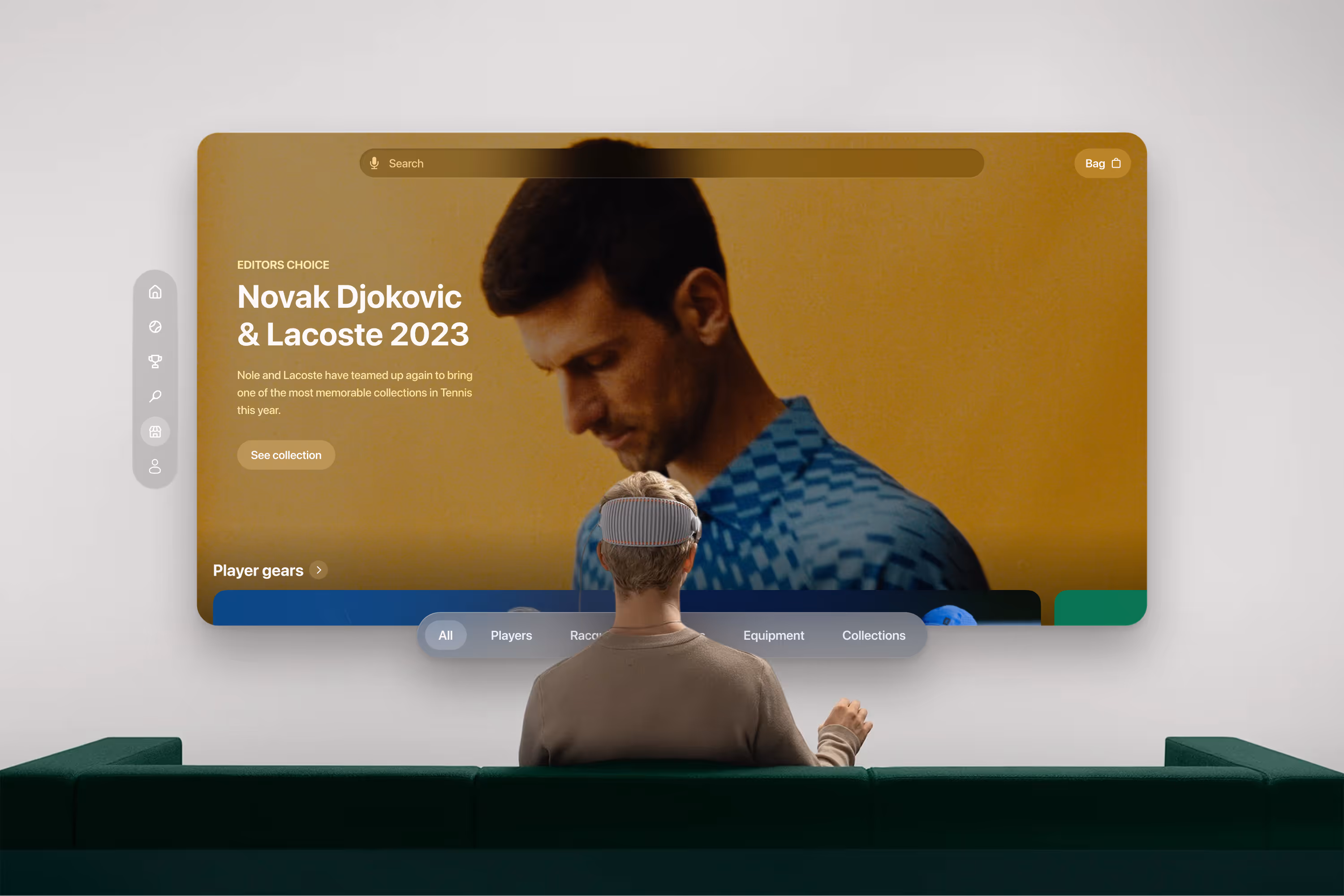 A mockup for the tennis apple vision pro project, presenting a man interacting with the shop section within the app