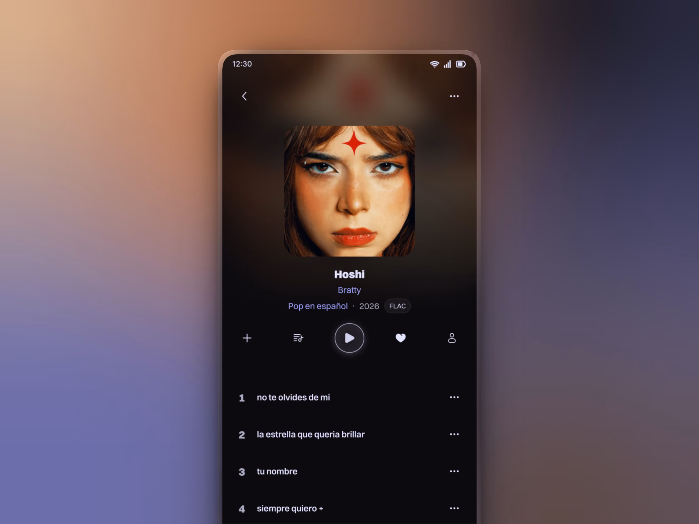 A mockup for the album screen of the music app Shadow Music