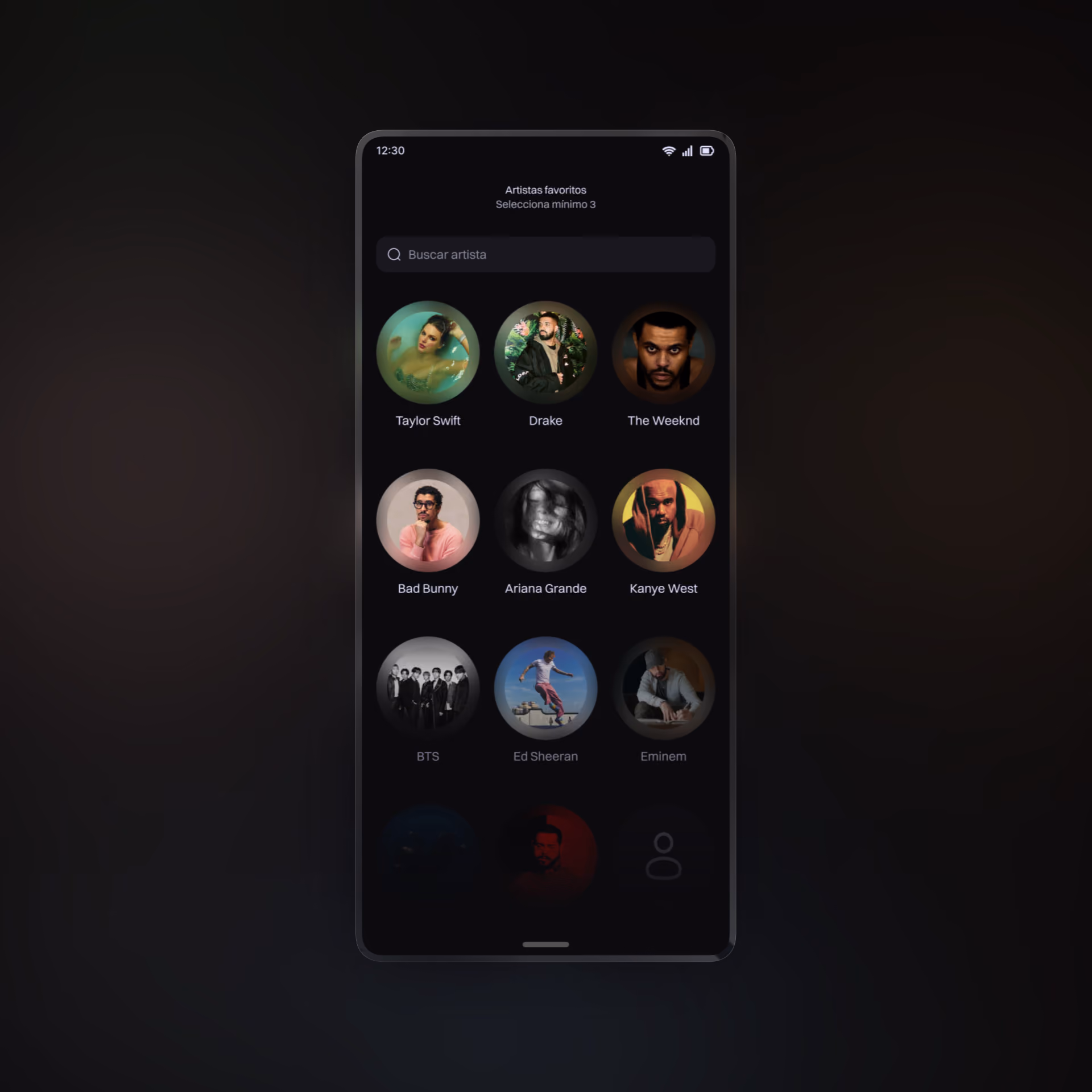 A mockup for the select favourite artist in the onboarding of the music app.