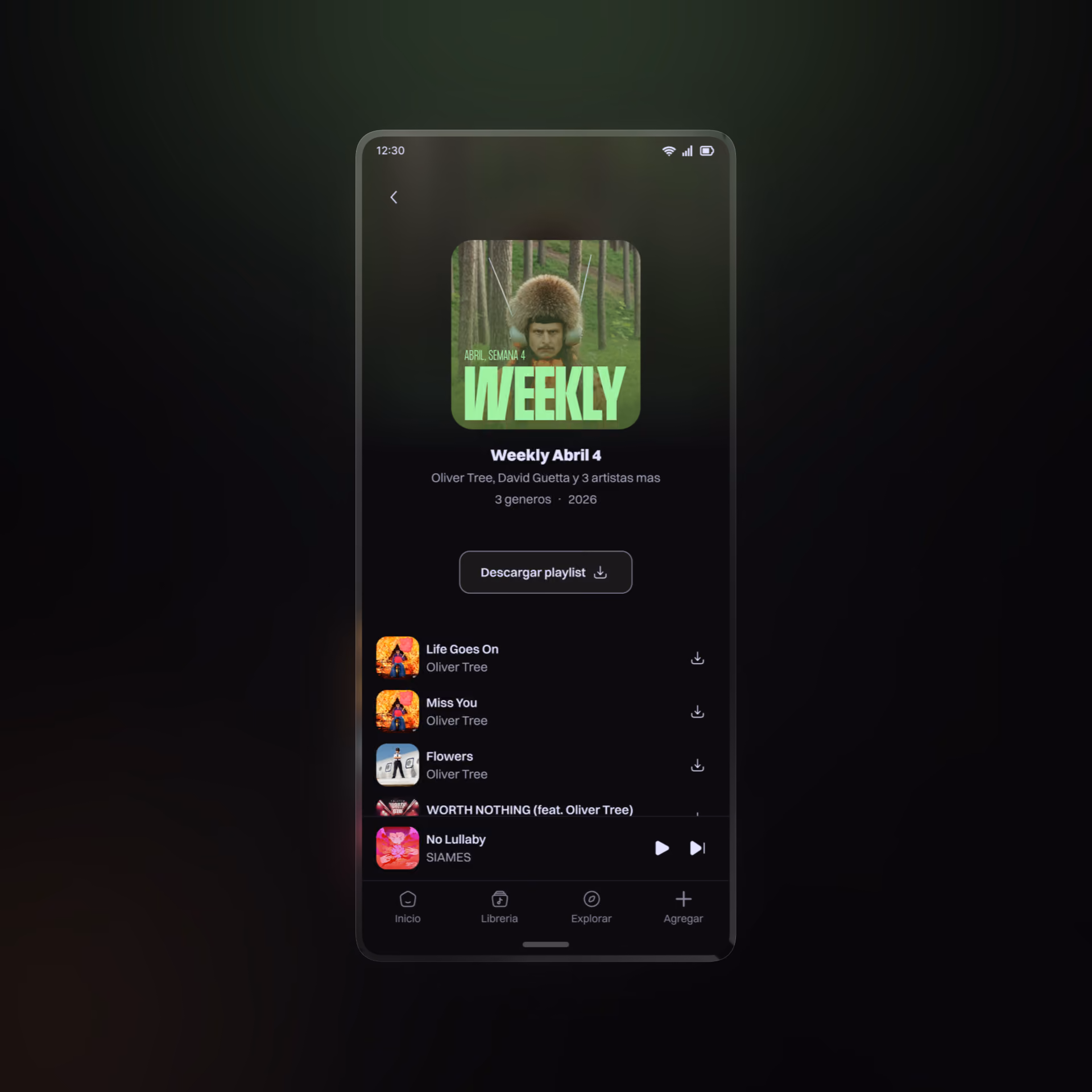 A mockup for the playlist created by the system of the music app.