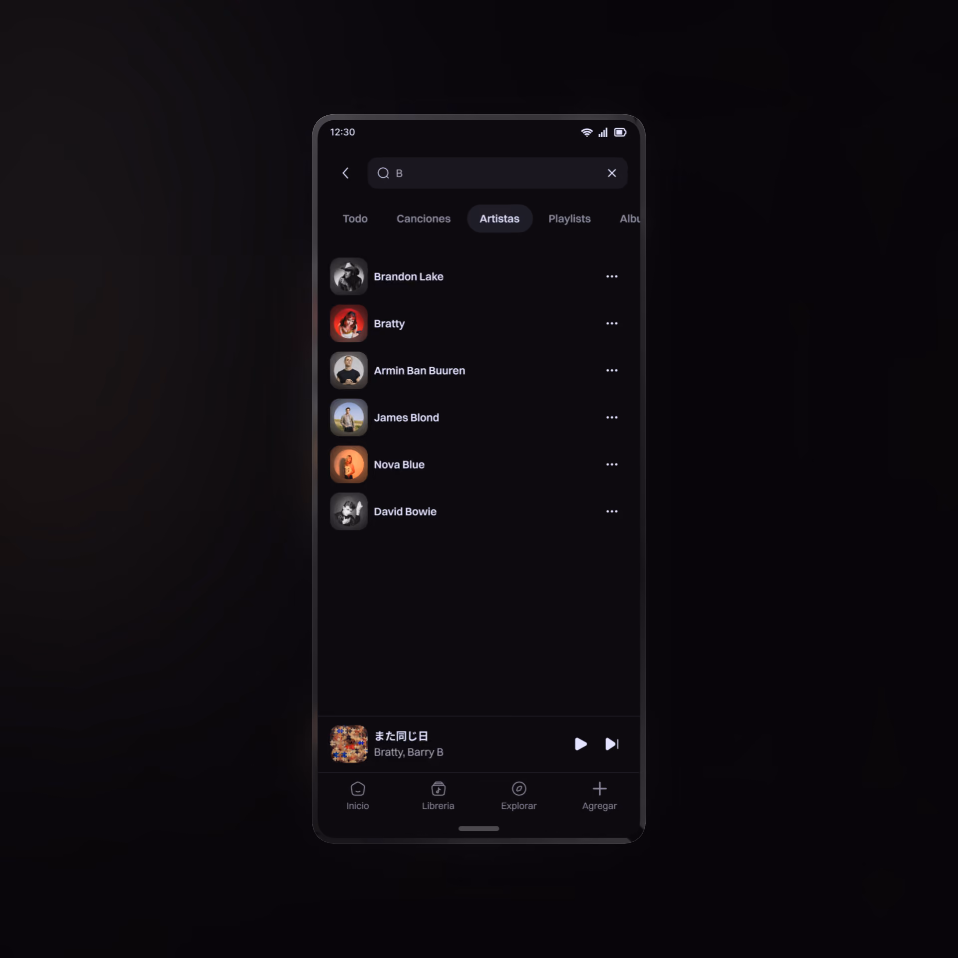 A mockup for the search artist screen of the music app.