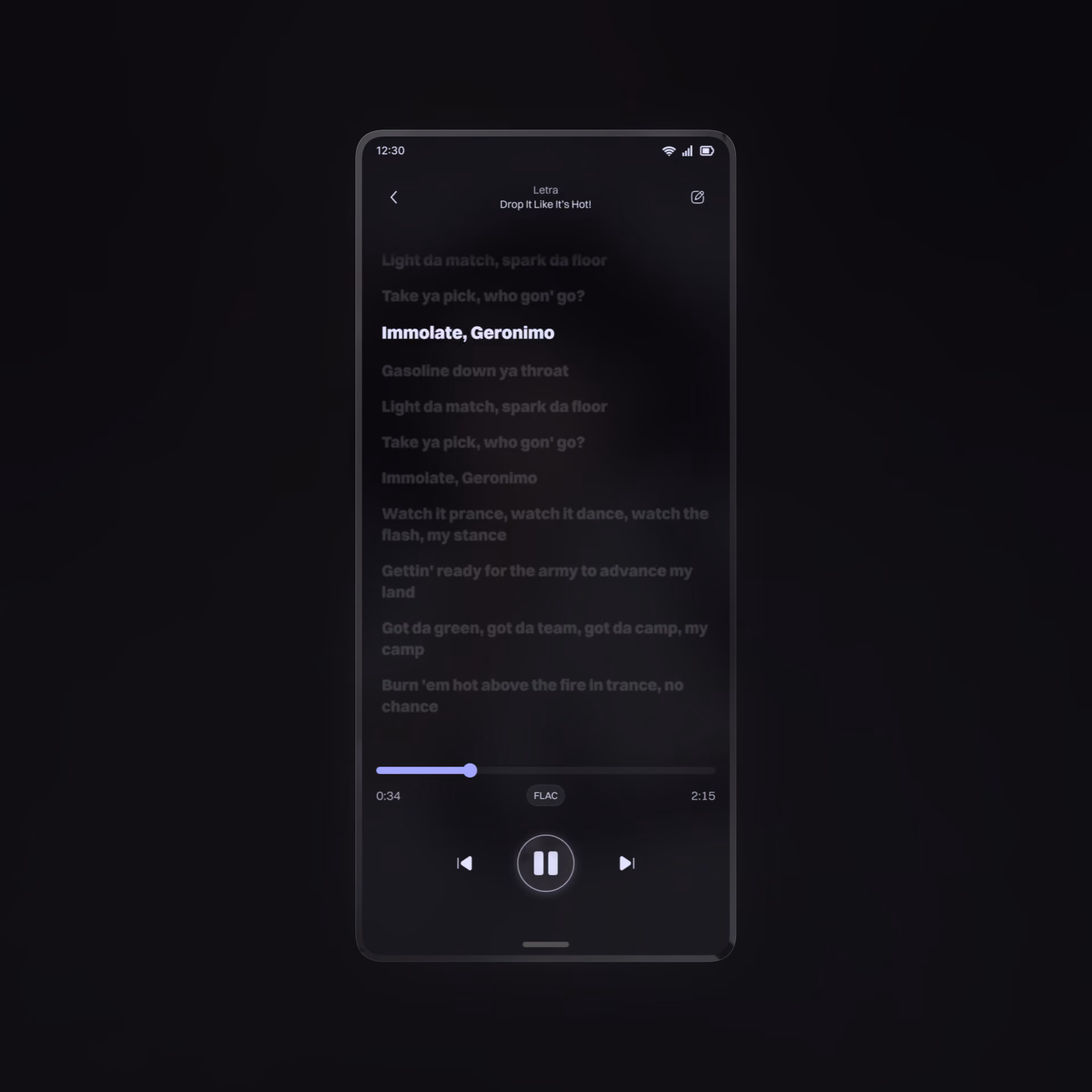 A mockup for the lyrics screen of the music app.