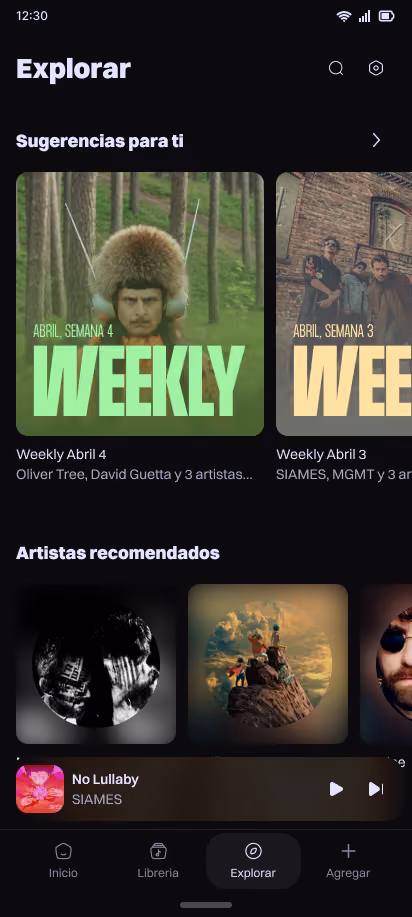 Screen from the Explore section, where you can discover new songs and artists