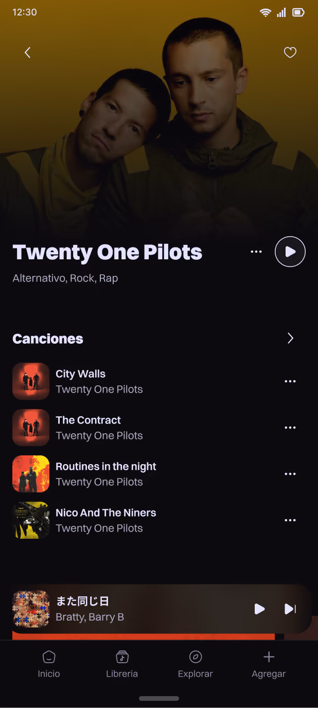 Screen from the Artist Screen, wehere the user can see, manage and listen all the songs of their artist