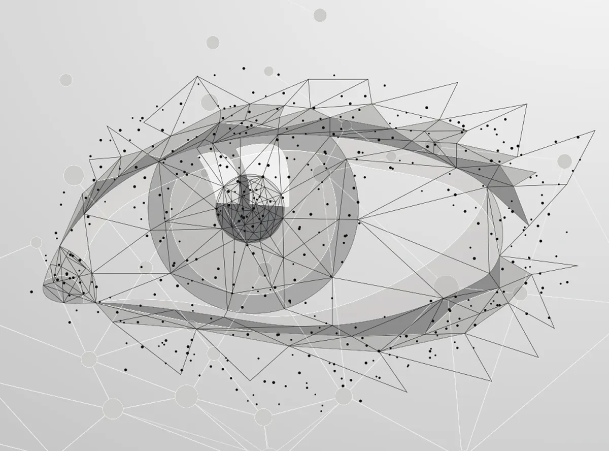 Abstract eye composed of black and grey geometric lines and dots forming a connected network design.