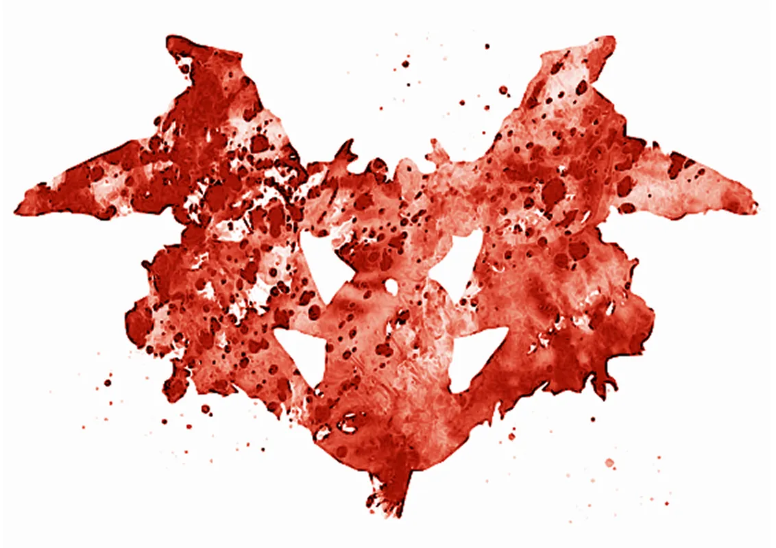 Red inkblot resembling a bat with outstretched wings and scattered splatters around it.