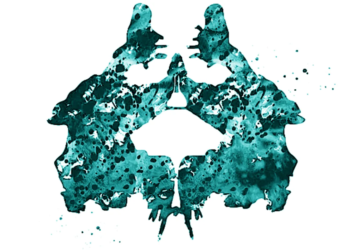 Symmetrical inkblot resembling two animal heads facing each other with abstract textures in teal.